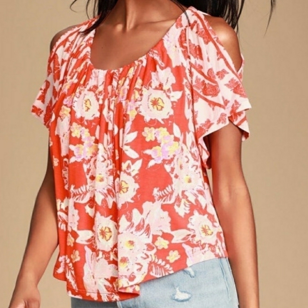 NWT Free People Strawberry Combo Baja Babe Cold Shoulder Top Size XS Ret. $78